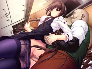  1boy 1girl ass bald brown_eyes brown_hair censored clothed_sex clothes_lift clothes_pull dutch_angle from_below game_cg grin hair_intakes hairband hetero large_variant_set long_hair looking_back maishima_yuri mosaic_censoring nerawareta_megami_tenshi_angel_tear non-web_source official_art one_eye_closed panties panties_under_pantyhose panty_pull pantyhose pantyhose_pull penis pussy pussy_juice sex sex_from_behind skirt skirt_lift smile thighband_pantyhose thighhighs tsukumo_kazuita ugly_bastard underwear vaginal variant_set very_long_hair 