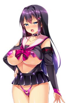  1girl adapted_uniform areola_slip ayazaki_shizuku black_hair blue_eyes blush bow breasts bridal_gauntlets choker clothing_cutout collar collarbone covered_erect_nipples cowboy_shot detached_sleeves game_cg gloves hair_ornament hairclip hand_on_own_hip heart_cutout heart_pasties huge_breasts large_breasts large_variant_set long_hair looking_at_viewer micro_panties microskirt non-web_source nose_blush official_art open_mouth panties pasties pink_panties pleated_skirt purple_hair revealing_clothes sailor_collar satou_kuuki school_uniform self-datamine skirt solo soukou_seiki_ysphere thighhighs transparent_background underwear variant_set 
