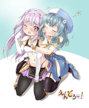  2girls absurdres biting blush biting_ear elf elnowar_seylan endro! highres meiza_endust multiple_girls navel pointy_ears sports_bra tagme yuri  rating:Questionable score:8 user:lozertuser