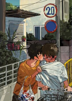  2boys ace_of_diamond bag bicycle black-framed_eyewear black_hair blush brown_hair full-face_blush glasses grabbing_another's_hand highres kiss kissing_cheek male_focus miyuki_kazuya multiple_boys nian_rt outdoors plant plastic_bag power_lines pushing_bicycle rectangular_eyewear road_sign sawamura_eijun shirt short_hair sign standing utility_pole white_shirt yaoi yellow_shirt 