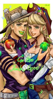  :d :o absurdres aegyo_sal alternate_skin_color anger_vein apple applejack applejack_(equestria_girls) arm_around_neck ball bare_shoulders belt blonde_hair blue_jacket border breasts bridal_gauntlets brown_belt brown_hat brown_pants character_counter_request character_request chibi chibi_on_head chinese_commentary cleavage collarbone collared_leotard color_connection colored_teeth commentary_request cowboy_hat cowboy_shot crossover cup eye_color_connection flying_sweatdrops food freckles frilled_shirt frilled_sleeves frills fruit goggles goggles_on_headwear green_lips green_nails grey_belt grin hair_behind_ear hair_color_connection hair_tie hand_on_another's_neck hat heart heart_necklace highres holding holding_ball holding_food holding_fruit jacket jewelry jojo_no_kimyou_na_bouken kewoshixiaodaia kuujou_jolyne leotard lightning_bolt_symbol lock long_hair long_sleeves looking_at_viewer low-tied_long_hair medium_breasts multiple_girls my_little_pony my_little_pony:_equestria_girls my_little_pony:_friendship_is_magic nail_polish necklace off-shoulder_shirt off_shoulder on_head open_mouth orange_lips outside_border pants puffy_long_sleeves puffy_sleeves purple_bridal_gauntlets purple_leotard rainbow_dash rainbow_dash_(equestria_girls) shirt short_sleeves sidelocks simple_background sleeveless sleeveless_jacket smile standing straight_hair swept_bangs thick_eyebrows very_long_hair white_border white_shirt yellow_background yellow_teeth 