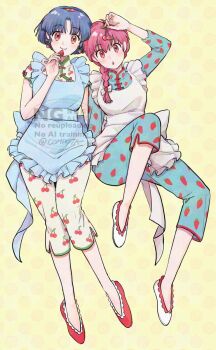  2girls :o apron artist_name blue_apron blue_hair brown_eyes cherry_print chinese_clothes closed_mouth commentary_request con_sonne food food_print frilled_apron frills fruit fruit_earrings fruit_print full_body hairband highres holding holding_cherry holding_food holding_fruit leg_up looking_at_viewer multiple_girls pale_skin pink_hair polka_dot polka_dot_background ranma-chan ranma_1/2 red_hairband red_shoes shoes short_hair smile strawberry_print striped_clothes striped_hairband tendou_akane watermark white_apron white_shoes yellow_background 