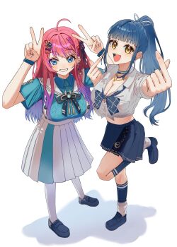  2girls :d ahoge arms_up black_bow black_bowtie blue_bow blue_bowtie blue_eyes blue_hair blue_shirt blue_shoes blue_skirt blue_socks blush bow bowtie braid breasts cleavage collared_shirt commentary_request cosplay costume_switch doidamon double_finger_heart double_v finger_heart gradient_hair grid_print grin gyaru hair_ornament hair_ribbon hands_up highres jewelry kogal kuramochi_meruto kuramochi_meruto_(cosplay) kuramochi_meruto_(school_uniform) large_breasts loafers long_hair long_sidelocks looking_at_viewer medium_skirt midriff miniskirt multicolored_hair multiple_girls multiple_necklaces necklace nijisanji open_mouth pantyhose pink_hair pleated_skirt ponytail print_bow print_bowtie purple_hair ribbon sailor_collar school_uniform shadow shirt shoes short_sleeves sidelocks simple_background skirt smile socks standing streaked_hair tied_shirt v very_long_hair virtual_youtuber white_background white_pantyhose white_ribbon white_sailor_collar white_shirt white_skirt white_socks wristband yamagami_karuta yamagami_karuta_(6th_costume) yamagami_karuta_(cosplay) yellow_eyes 