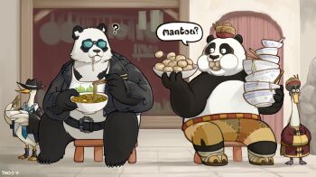  4boys ? arknights arknights:_endfield artist_name beak belly black_hat black_jacket blue_necktie bowl brown_pants chopsticks da_pan_(arknights) duck_lord_(arknights) eating english_text fedora food formal_clothes hat highres holding holding_bowl holding_chopsticks jacket kung_fu_panda male_focus mr._ping_(kung_fu_panda) multiple_boys necktie no_pants noodles panda_boy pants po_(kung_fu_panda) sitting stitched_pants suit sunglasses thokuma 