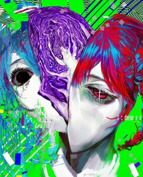  2girls abstract absurdres black_eyes blue_hair cabbage colored_skin commentary doeun_o_o glitch hatsune_miku highres kasane_teto mesmerizer_(vocaloid) multiple_girls no_mouth red_eyes red_hair sagittal_plane_cutting split_head untranslatable_commentary white_skin 