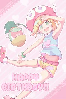  1girl 1other absurdres amitie_(puyopuyo) armband armpits belt blonde_hair blue_shirt boots bowl character_hat commentary_request donguri_gaeru english_text frog green_eyes happy_birthday hat heart heart_in_mouth highres jazz_grace leaf_umbrella navel pink_background pink_shorts puyo_(puyopuyo) puyopuyo puyopuyo_fever red_belt red_boots red_hat shirt short_hair shorts two-tone_shorts winged_hat yellow_shorts 