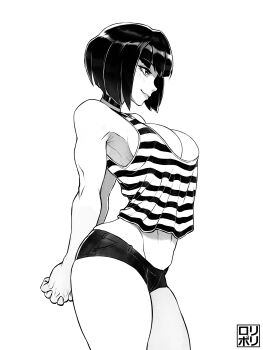  1girl absurdres arms_behind_back artist_logo breasts choker closed_mouth commentary commission cowboy_shot english_commentary from_side greyscale highres interlocked_fingers jamrolypoly large_breasts light_blush logo looking_ahead micro_shorts midriff monochrome navel original own_hands_clasped own_hands_together pixiv_commission profile short_hair shorts simple_background smile solo standing striped_clothes tank_top thick_eyebrows transparent_background 