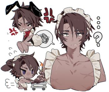  ...? 1boy anger_vein angry animal_ears apron bare_pectorals black_leotard bow bowtie brown_hair candied275 chibi commentary crossdressing crossdressing_(mtf) embarrassed fake_animal_ears fake_tail heathcliff_(project_moon) leotard limbus_company looking_at_viewer maid maid_headdress male_focus male_maid male_playboy_bunny multiple_views naked_apron parted_bangs pectorals playboy_bunny project_moon rabbit_ears rabbit_tail red_bow red_bowtie scar scar_on_arm scar_on_face scar_on_leg scar_on_pecs simple_background symbol-only_commentary tail tray white_background 