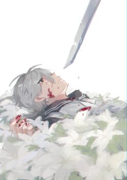  1boy absurdres antenna_hair black_eyes blood blood_on_face blood_on_flower blood_on_hands closed_mouth commentary crying crying_with_eyes_open dreamycakesss english_commentary flower grey_hair highres lying male_focus on_back original sad short_hair solo sword tears weapon white_background white_flower 