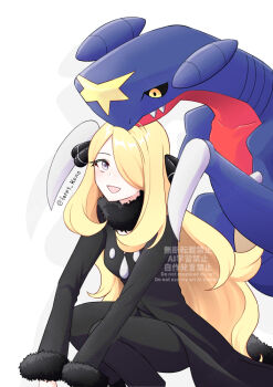  1girl :d black_collar blonde_hair claws coat collar commentary_request cynthia_(pokemon) eyelashes foret_kono_(wnfj8535) fur_collar garchomp gen_4_pokemon grey_eyes hair_ornament hair_over_one_eye long_hair nintendo open_mouth pokemon pokemon_(creature) pokemon_dppt smile squatting twitter_username watermark 