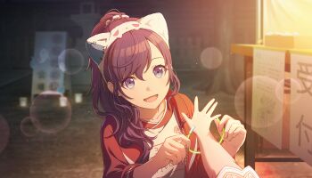  2girls :d animal_ear_hairband animal_ears asahina_mafuyu blue_eyes blurry bokeh cat_ear_hairband cat_ears child collarbone colorful_palette depth_of_field dot_nose fake_animal_ears fingernails fur_hairband game_cg hair_over_shoulder hairband high_ponytail highres jacket looking_at_viewer multicolored_eyes multiple_girls name_tag official_art open_clothes open_jacket open_mouth outdoors parted_lips ponytail pov pov_hands project_sekai purple_eyes purple_hair red_jacket scrunchie sidelocks sleeves_rolled_up smile solo_focus third-party_source three-quarter_sleeves track_suit tree two-tone_eyes upper_body white_hairband wonderhorror~!?_na_kimodameshi!_(project_sekai) 