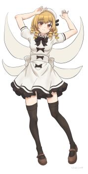  1girl absurdres andylove886 back_bow blush bow bowtie breasts brown_bow brown_bowtie brown_shoes brown_thighhighs closed_mouth commentary dress drill_hair english_commentary fairy fairy_wings full_body hat highres looking_at_viewer luna_child mary_janes multiple_wings orange_eyes puffy_short_sleeves puffy_sleeves shoes short_sleeves small_breasts smile solo thighhighs touhou white_background white_bow white_dress white_hat wings 