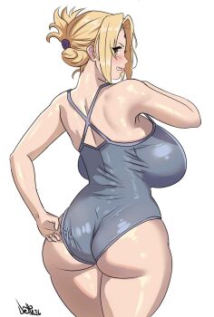  1girl ass back bare_shoulders blonde_hair breasts delta26 highres huge_breasts looking_back mature_female naruto_(classic) naruto_(series) sideboob simple_background solo tsunade_(naruto)  rating:Sensitive score:117 user:danbooru