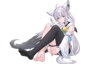  1girl ahoge animal_ear_fluff animal_ear_piercing animal_ears aqua_eyes black_ribbon black_shorts black_thighhighs blue_neckerchief braid commentary_request detached_sleeves double-parted_bangs feet fox_ears fox_girl fox_tail full_body hair_between_eyes hair_ribbon hololive hood hooded_vest hoodie long_hair looking_at_viewer low_ponytail neckerchief pentagram ponytail ribbon shirakami_fubuki shirakami_fubuki_(1st_costume) short_shorts shorts side_braid simple_background single_bare_foot single_braid single_thighhigh sitting solo sukonbu_(shirakami_fubuki) tail tazaki_hayato thigh_strap thighhighs vest virtual_youtuber white_background white_hair white_sleeves wide_sleeves 