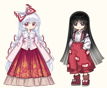  2girls black_eyes black_hair bow bow_button bowtie closed_mouth collared_shirt commentary_request cosplay costume_switch deformed floral_print floral_print_skirt frilled_shirt_collar frilled_skirt frills fujiwara_no_mokou full_body grey_background hair_bow hands_in_pockets hime_cut houraisan_kaguya long_hair long_skirt long_sleeves looking_at_viewer multiple_girls pants pink_shirt print_skirt puffy_long_sleeves puffy_sleeves red_eyes red_pants red_shoes red_skirt shieryue1225 shirt shoes simple_background skirt sleeves_past_fingers sleeves_past_wrists smile touhou very_long_hair white_bow white_bowtie white_hair white_shirt wide_sleeves 