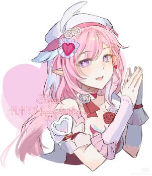  1girl absurdres beret breasts chinese_commentary cleavage commentary_request dated diamond-shaped_pupils diamond_(shape) dress earrings elf elysia_(hi_love_elf)_(honkai_impact) elysia_(honkai_impact) gloves happy_birthday hat heart heart_earrings highres honkai_(series) honkai_impact_3rd jewelry large_breasts long_hair pink_hair pointy_ears purple_eyes red_dress simple_background single_glove smile solo symbol-shaped_pupils very_long_hair white_background white_gloves xequr 