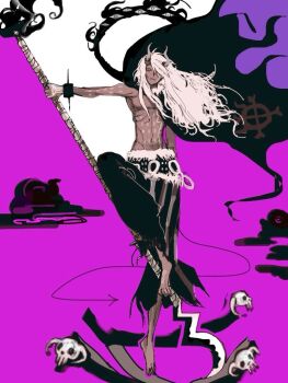  1boy bodypaint commentary_request dark-skinned_male dark_skin demon_boy demon_horns hagoromo holding holding_polearm holding_weapon horns kjjmmmut long_hair male_focus navel nerona_imu one_piece polearm purple_background ribs shawl solo weapon white_hair 
