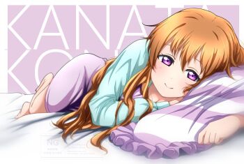  1girl barefoot bed bed_sheet brown_hair commentary_request dress highres konoe_kanata lap_pillow long_hair long_sleeves looking_at_viewer love_live! love_live!_nijigasaki_high_school_idol_club lying noochan_chonoda on_bed on_stomach pajamas pillow purple_dress purple_eyes solo watermark 