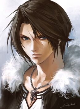  1boy black_hair black_jacket blue_eyes closed_mouth commentary english_commentary final_fantasy final_fantasy_viii fur-trimmed_jacket fur_trim highres jacket jewelry lips looking_at_viewer male_focus necklace sabertoon_artt short_hair signature solo squall_leonhart 
