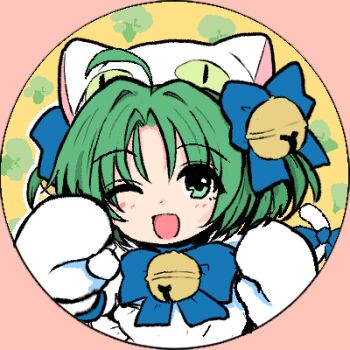  1girl animal_hat apron bell cat_hat commentary_request dejiko di_gi_charat green_eyes green_hair hair_bell hair_ornament hat jingle_bell kinomoto_(nazonoinu) looking_at_viewer lowres mittens oekaki one_eye_closed open_mouth smile solo upper_body 