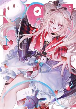  1girl ;o astercatto black_hat border capelet cherry commentary english_commentary food fruit hat heart highres honkai:_star_rail honkai_(series) long_hair mini_hat mini_top_hat one_eye_closed pink_background purple_eyes red_capelet skirt smile solo sparkle_(honkai:_star_rail) sparxie_(honkai:_star_rail) spoken_heart top_hat twintails very_long_hair white_border white_hair white_skirt 