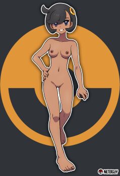  1girl absurdres ahoge arm_at_side armpit_crease artist_name asymmetrical_bangs barefoot black_hair breasts cleft_of_venus clenched_teeth collarbone completely_nude curled_fingers dark-skinned_female dark_nipples dark_skin emma_(pokemon) eyelashes facing_viewer feet feet_up female_focus fingernails full_body hair_ornament hand_on_own_hip happy highres holding holding_poke_ball knees legs looking_at_viewer medium_breasts navel neck nilterguy nintendo nipples nude nude_filter parted_lips poke_ball poke_ball_symbol pokemon pokemon_legends:_z-a purple_eyes pussy short_hair sidelocks smile swept_bangs teeth thighs third-party_edit toenails toes unworn_clothes walking 