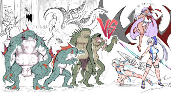  3girls 5boys absurdres bb_(fate) bb_(swimsuit_mooncancer)_(third_ascension)_(fate) blue_bow blue_one-piece_swimsuit bow breasts dobrynya_nikitich_(fate) dobrynya_nikitich_(swimsuit_lancer)_(first_ascension)_(fate) fate/grand_order fate_(series) frogman hair_bow hair_ribbon high_heels highres holding holding_polearm holding_sword holding_weapon large_breasts long_hair merman merman_(fate) monster_boy multiple_boys multiple_girls octopus one-piece_swimsuit polearm ponytail purple_hair ribbon senbei_(avocadochaya) swimsuit sword tentacles tomoe_gozen_(fate) tomoe_gozen_(swimsuit_saber)_(fate) tomoe_gozen_(swimsuit_saber)_(first_ascension)_(fate) trident very_long_hair vodyanoy_(fate) weapon white_hair 