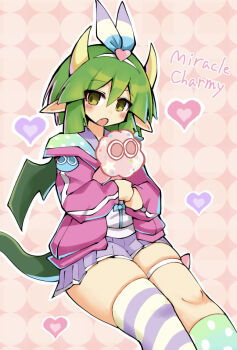  1girl :o asymmetrical_legwear blue_bow blue_jacket blue_ribbon blue_socks blush bow brown_eyes character-themed_food character_name character_print collar commentary_request cotton_candy draco_centauros draco_centauros_(miracle_charmy) dragon_girl dragon_horns dragon_tail dragon_wings english_text fang feet_out_of_frame food gradient_clothes gradient_jacket gradient_socks green_hair green_jacket green_socks hair_between_eyes hair_ornament hair_ribbon hairband heart heart_hair_ornament holding holding_cotton_candy holding_food horns jacket kneehighs kurokogeee long_sleeves looking_at_viewer mismatched_legwear neckerchief official_alternate_costume open_mouth orange_background outline patterned_background pink_bow pink_hairband pink_jacket pink_neckerchief pleated_skirt pointy_ears polka_dot polka_dot_jacket polka_dot_socks purple_collar purple_ribbon purple_skirt purple_thighhighs puyo_(puyopuyo) puyopuyo puyopuyo_quest ribbon shirt shirt_bow short_hair sitting skirt socks solo star_(symbol) striped_clothes striped_ribbon striped_thighhighs tail thick_thighs thigh_bow thigh_strap thighhighs thighs two-sided_fabric two-sided_jacket white_jacket white_outline white_shirt white_socks white_straps white_trim wings yellow_ribbon yellow_thighhighs 