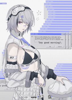  .akuma 1girl alternate_costume asumi_sena black_bra black_nails bra breasts clothing_cutout detached_sleeves grey_hair hair_ornament hairpin highres jewelry looking_at_viewer medium_hair midriff_peek multiple_rings one_eye_closed parted_lips pink_hair ring single_bare_shoulder sleep_mask small_breasts solo underwear unzipped upper_body virtual_youtuber vspo! window_(computing) 