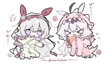  >_< 2girls animal_costume animal_ears blue_eyes blush_stickers breath_weapon breathing_fire chibi chibi_only closed_eyes commentary cosplay dragon_costume ear_covers fake_tail fire food full_body grey_hair headband hood hood_down horse_ears horse_girl imaichichan kigurumi long_hair long_sleeves looking_back multicolored_hair multiple_girls oguri_cap_(umamusume) open_mouth shish_kebab solo tail tamamo_cross_(umamusume) translation_request twitter_username umamusume very_long_hair 