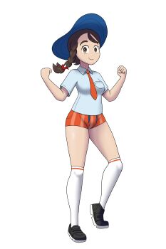  1girl absurdres adapted_costume ahoge alternate_breast_size_(larger) biperadis braid breasts brown_eyes brown_hair clenched_hands collared_shirt eyelashes female_focus full_body hair_ornament hands_up happy hat heel_up highres juliana_(pokemon) kneehighs knees legs long_hair looking_at_viewer matching_hair/eyes medium_breasts naranja_academy_school_uniform neck necktie nintendo orange_necktie pokemon pokemon_sv school_uniform shirt shoes short_shorts short_sleeves shorts side_braid simple_background smile sneakers socks standing thighs tight_clothes variant_set white_background white_socks 