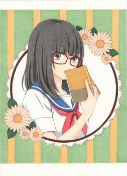  1girl absurdres black_hair blue_sailor_collar book border commentary_request covered_mouth cropped_torso flower glasses grey_eyes hand_up highres holding holding_book letterboxed looking_at_viewer marker_(medium) medium_hair midori_(mira567) neckerchief open_book original outside_border partial_commentary red-framed_eyewear red_neckerchief round_border sailor_collar sailor_shirt school_uniform shirt short_sleeves solo striped_background traditional_media white_shirt 