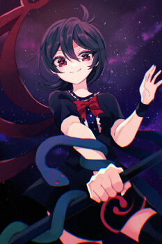  1girl ahoge asymmetrical_wings black_dress black_hair black_thighhighs blue_wings bow bowtie breasts closed_mouth commentary_request cowboy_shot dress galaxy happy highres holding holding_polearm holding_weapon houjuu_nue katsuragi_atori looking_at_viewer medium_hair polearm red_bow red_bowtie red_eyes red_wings short_dress short_sleeves sky small_breasts smile snake solo star_(sky) starry_sky thighhighs tomoe_(symbol) touhou weapon wings wristband zettai_ryouiki 