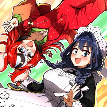  2girls animal_ear_fluff anniversary apron babydoll black_dress black_hair blue_eyes blue_hair bow braid cleavage_cutout clock clothing_cutout commentary ddolbang dress fanged_bangs fangs food fruit gradient_background hair_between_eyes hair_intakes hakos_baelz hakos_baelz_(strawberry_onesie) highres holocouncil hololive hololive_english hood hood_down hooded_pajamas jewelry maid_apron maid_headdress multicolored_hair multiple_girls necklace official_alternate_costume ouro_kronii ouro_kronii_(maid) pajamas pocket_watch polka_dot_babydoll red_hair red_pajamas sharp_teeth smile strawberry teeth twin_braids upside-down virtual_youtuber watch white_hair yellow_bow 