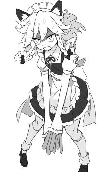  1girl angry animal_ear_fluff animal_ears apron back_bow between_fingers bow braid collared_shirt commentary_request dagger dog_ears dress e.o. fang floating_hair frills full_body greyscale hair_between_eyes hair_bow highres holding holding_dagger holding_knife holding_weapon izayoi_sakuya kemonomimi_mode kneehighs knife looking_at_viewer maid maid_headdress monochrome neck_ribbon open_mouth pinafore_dress puffy_short_sleeves puffy_sleeves ribbon shirt shoes short_hair short_sleeves simple_background skin_fang sleeveless sleeveless_dress socks solo standing touhou twin_braids v-shaped_eyebrows waist_apron weapon 