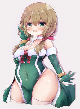  1girl :d absurdres ambrosia_(game) bare_shoulders blush breasts brown_hair choker cleavage collarbone commentary_request covered_navel cowboy_shot cropped_legs curvy dress elbow_gloves furode_(ambrosia) gloves green_dress green_eyes green_gloves grey_background groin hair_between_eyes hair_over_shoulder highres large_breasts long_hair looking_at_viewer low_twintails medium_breasts morino831 open_mouth pelvic_curtain plump red_ribbon ribbon shiny_skin simple_background smile solo strapless thighhighs thighs twintails v white_choker white_thighhighs 