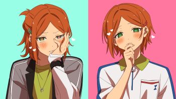  2boys 2wink_(ensemble_stars!) aoi_hinata aoi_yuta aqua_background aqua_pupils blush brothers collared_shirt ensemble_stars! fuurin_(sior_fr) green_eyes hair_behind_ear hair_ornament hairclip half_updo hand_on_own_face heart heart-shaped_pupils highres jewelry long_sleeves looking_at_viewer male_focus multiple_boys necklace orange_hair parallel_hairclips parted_bangs pink_background pink_pupils shirt short_hair siblings simple_background symbol-shaped_pupils twins two-tone_background upper_body 