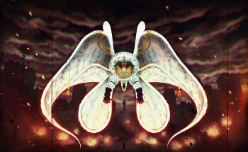  artist_request building city cloud cloudy_sky creature creature_focus debris embers film_grain fire goat_horns gold_necklace highres horns jewelry magia_record:_mahou_shoujo_madoka_magica_gaiden mahou_shoujo_madoka_magica mahou_shoujo_madoka_magica_magia_exedra necklace no_humans official_art outdoors oversized_wings radio_tower ruins shitori_egumo_(madoka_magica) sky skyscraper solo straight-on wings witch_(madoka_magica) yellow_eyes 