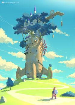  1other backpack bag bush cloud commentary_request highres hill katou_oswaldo moss original overgrown path road rock rocket_ship sky spacecraft spire tree walking wheel windmill 