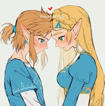 1boy 1girl artist_name blonde_hair blue_eyes blue_shirt blush braid commentary crown_braid english_commentary eye_contact forehead-to-forehead from_side green_eyes grey_background hair_ornament hairclip hazeleafyy heads_together heart height_difference link long_hair looking_at_another nintendo pointy_ears ponytail princess_zelda profile shirt short_ponytail simple_background smile the_legend_of_zelda the_legend_of_zelda:_breath_of_the_wild rating:General score:7 user:danbooru
