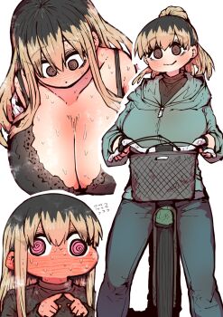  1girl @_@ bicycle bicycle_basket black_bra black_hair black_shirt blonde_hair blue_jacket blush bra breasts cleavage denim frilled_bra frills highres huge_breasts jacket jeans kinjo_no_hito_no_nakimushi lace lace-trimmed_bra lace_trim large_breasts long_hair long_sleeves looking_at_viewer multicolored_hair ochiai_(kinjo_no_hito_no_nakimushi) pants riding riding_bicycle roots_(hair) shirt smile solo two-tone_hair underwear upper_body white_background zyugoya 