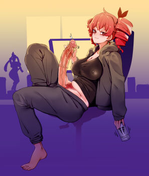  1girl aged_up baggy_pants barefoot belly breasts bright_pupils can chair commentary covered_erect_nipples drill_hair drink_can english_commentary figure from_side full_body futanari futanari_masturbation gaming_chair highres hood hoodie huge_penis kasane_teto kasane_teto_(sv) large_breasts long_hair looking_at_viewer masturbation monster_energy neet open_clothes open_hoodie pants panzermeido penis penis_out plump pubic_hair red_eyes red_hair red_pubic_hair sagging_breasts silhouette sitting soda_can swivel_chair synthesizer_v textless_version twin_drills uncensored utau veins veiny_penis white_pupils 