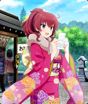  1boy 2girls :d ahoge blue_eyes blue_sky blush cloud cowboy_shot day dot_nose floral_print floral_print_kimono flower fur-trimmed_kimono fur_trim furisode game_cg hair_flower hair_ornament hairpin high_ponytail holding_omikuji japanese_clothes kimono konohana_suzuka long_sleeves medium_hair multiple_girls new_year obi official_art omikuji open_mouth outdoors pink_kimono ponytail print_kimono red_hair sash sidelocks sign sky smile solo_focus stone_lantern stone_walkway teeth third-party_source toji_no_miko toji_no_miko:_kizamishi_issen_no_tomoshibi translated tree upper_teeth_only white_flower wide_sleeves yellow_sash 