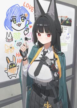  1girl animal_ear_fluff animal_ears aqua_jacket arm_out_of_sleeve asaba_harumasa bangboo_(zenless_zone_zero) belle_(zenless_zone_zero) black_hair black_necktie black_skirt blunt_bangs breasts bright_pupils closed_mouth collared_shirt commentary_request crro english_text fingerless_gloves fox_ears fox_girl gauntlets gloves hand_on_own_chest heart highres holding holding_marker hoshimi_miyabi jacket large_breasts light_blush long_hair long_skirt looking_at_viewer marker necktie orange_eyes shirt single_fingerless_glove single_gauntlet skirt solo soukaku_(zenless_zone_zero) tsukishiro_yanagi very_long_hair white_pupils white_shirt whiteboard wide_sleeves zenless_zone_zero 