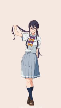  1girl adjusting_hair black_socks bow bowtie breasts brown_shoes closed_mouth collared_shirt commentary_request crossed_legs full_body glasses grey_skirt hand_up highres imigimuru large_breasts loafers long_hair looking_at_viewer make_heroine_ga_oo_sugiru! official_art official_wallpaper orange_bow pocket_protector purple_background purple_bow purple_hair school_uniform second-party_source shirt shoes sidelocks simple_background skirt small_breasts smile socks standing tsukinoki_koto tsuwabuki_high_school_uniform twintails white_shirt 