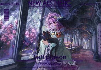  1girl animal animalization barcode bird black_bird black_hairband blue_shirt buttons cat chinese_commentary collared_shirt commentary_request commission crow english_text eyeball frilled_shirt_collar frilled_sleeves frills ge_dazuo hair_ornament hairband heart heart_button heart_hair_ornament highres holding holding_animal holding_cat kaenbyou_rin kaenbyou_rin_(cat) komeiji_satori long_sleeves multiple_tails pink_eyes pink_hair pink_skirt reiuji_utsuho reiuji_utsuho_(bird) shirt skirt tail third_eye touhou two_tails wide_sleeves 