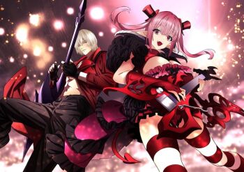  astaroth_(the_seven_deadly_sins) black_flower black_rose commission dante_(devil_may_cry) demon_girl demon_horns demon_tail devil_may_cry devil_may_cry_(series) devil_may_cry_3 fingerless_gloves flower gloves guitar hat horizontal-striped_thighhighs horns instrument jacket mini_hat mini_top_hat nevan_(weapon) nobita_(makoto7060355) pink_hair pointy_ears red_eyes red_jacket red_skirt rose scene_reference skeb_commission skirt species_connection tail the_seven_deadly_sins top_hat weapon_connection white_hair 