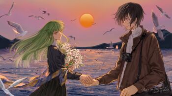 1boy 1girl bag beach bird black_bag black_dress bouquet breasts brown_hair brown_jacket c.c. camera camera_around_neck closed_mouth code_geass commentary_request couple cowboy_shot dress flower green_hair hair_between_eyes hetero highres holding holding_bouquet holding_hands jacket lelouch_vi_britannia light_smile lily_(flower) long_hair long_sleeves medium_breasts ocean okuseric outdoors pink_eyes short_hair shoulder_bag sidelocks striped_shawl sunset sweater turtleneck turtleneck_sweater white_flower white_sweater yellow_eyes 