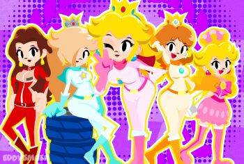  5girls artist_name biker_daisy biker_peach biker_rosalina bodysuit brooch closed_mouth commentary crown eddysmash2407 english_commentary eyelashes flower_brooch highres jewelry long_hair looking_at_viewer mario_(series) mario_kart multiple_girls nintendo one_eye_closed open_mouth pauline_(nintendo) peachette princess_daisy princess_peach rosalina smile star_brooch v very_long_hair watermark 