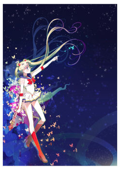  1990s_(style) 1girl bishoujo_senshi_sailor_moon bishoujo_senshi_sailor_moon_s bishoujo_senshi_sailor_moon_supers blonde_hair blue_background blue_eyes blue_sailor_collar boots bow brooch bug butterfly choker double_bun elbow_gloves female_focus gloves hair_bun hair_ornament hairpin heart heart_brooch high_heel_boots high_heels insect izumi_k_rukawa jewelry knee_boots long_hair magical_girl multicolored_skirt outstretched_hand pleated_skirt red_bow retro_artstyle ribbon sailor_collar sailor_moon shoes skirt smile solo sparkle super_sailor_moon tsukino_usagi twintails wand white_gloves  rating:Sensitive score:11 user:danbooru